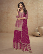 Pink Chinon Silk Top With Plazo And Dupatta For Indian & Pakistani Wedding Festival occasion - Thread & Sequence Embroidery