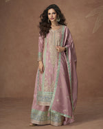 Pink Shimmer Silk Plazo Suit For Indian & Pakistani Wedding Festival - Thread & Sequence Embroidery
