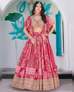 Pink Chinnon Silk Lehenga With Blouse & Dupatta For Indian & Pakistani Wedding Festival - Digital Print with Zari Dori Embroidery work