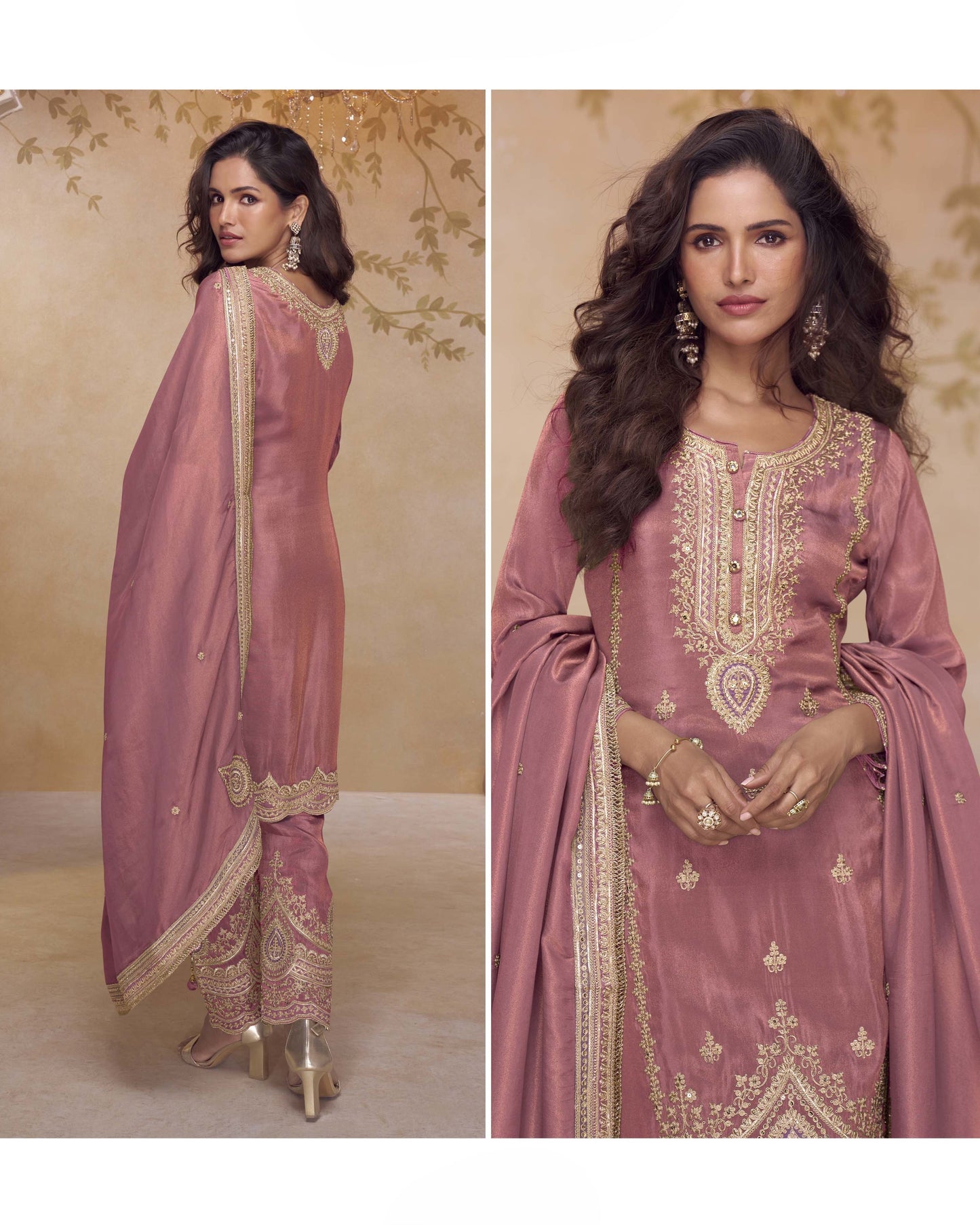 Woman wearing a pink traditional outfit with gold embroidery against a beige background