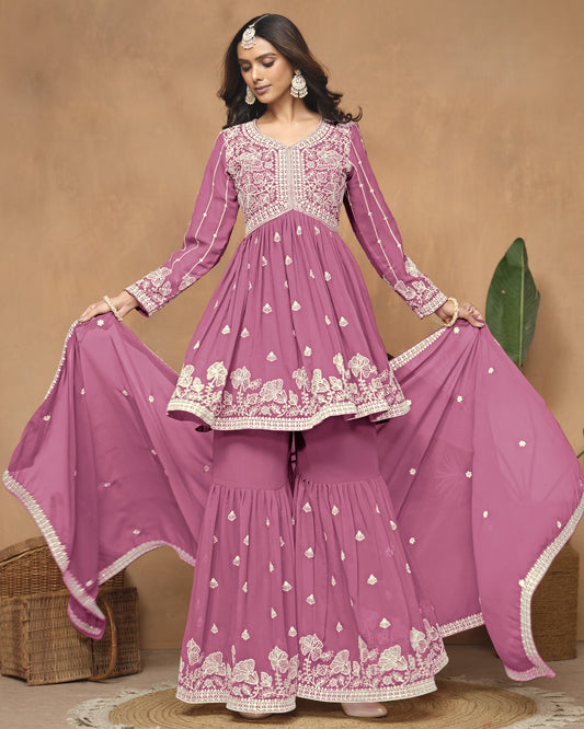 Pink Faux Georgette Sharara Suit With Kameez And Dupatta For Indian & Pakistani Wedding Festival - Thread Sequence Work