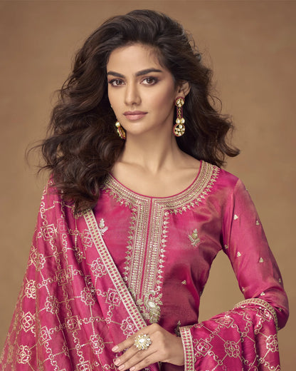 Woman wearing a pink traditional outfit with intricate designs on a brown background