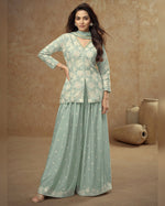 Pista Green Chinon Silk Plazo With Kameez & Dupatta For Indian & Pakistani Wedding Festival - Thread Sequence Work