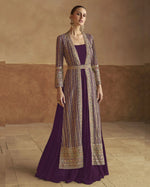 Purple Georgette Gown For Indian & Pakistani Wedding Festival - Thread & Sequence Embroidery