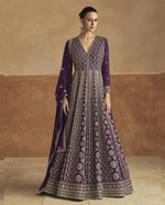 Purple Chinon Silk Anarkali Dress For Indian & Pakistani Wedding Festival - Thread & Sequence Embroidery