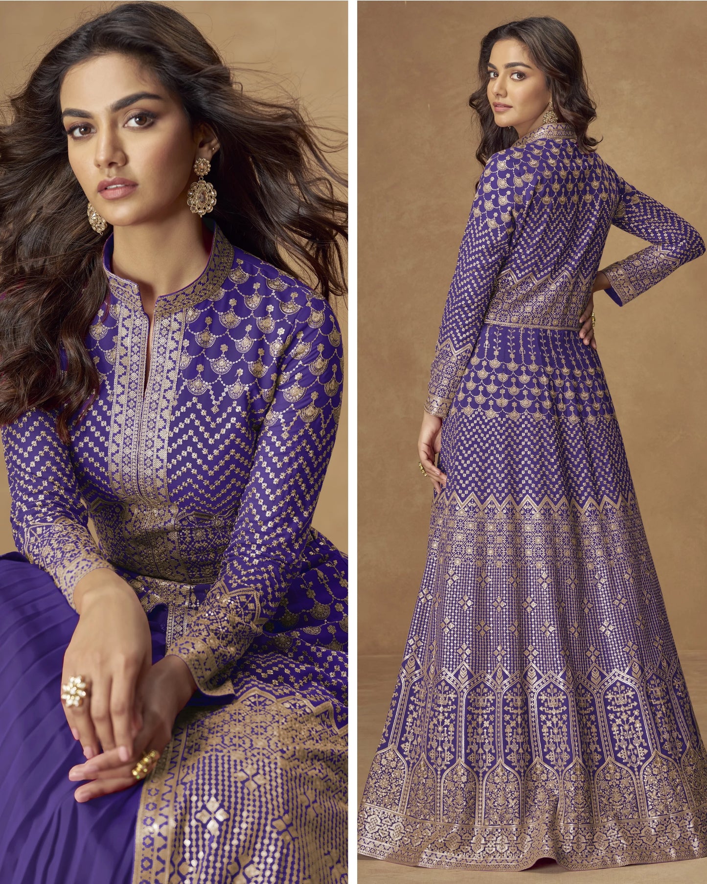 Woman wearing a purple and gold traditional outfit with intricate patterns, sitting and standing against a beige background.