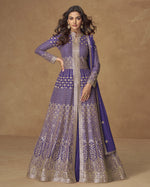 Purple Georgette Anarkali For Indian & Pakistani Wedding Festival - Thread & Sequence Embroidery
