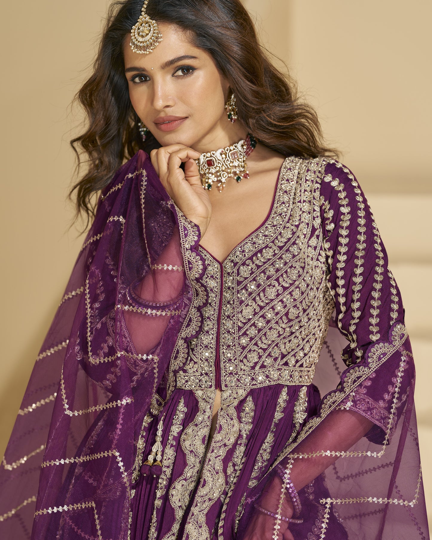 Purple Chinon Silk Anarkali Suit With Skirt & Dupatta For Indian & Pakistani Wedding Festival - Mirror & Dori With Thread & Sequence Work