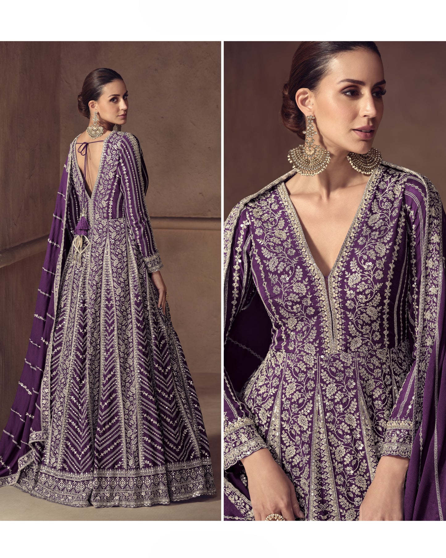 Purple and silver embroidered dress with matching dupatta on a model against a brown background