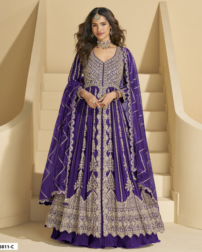 Purple Chinon Silk Anarkali Suit With Skirt & Dupatta For Indian & Pakistani Wedding Festival - Mirror & Dori With Thread & Sequence Work