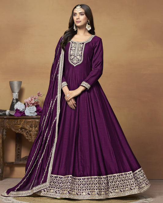 Purple Silk Anarkali Suit With Dupatta For Indian & Pakistani Wedding Festival - Dori Thread Sequence Work