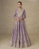 Purple Chinon Silk Anarkali For Indian & Pakistani Wedding Festival - Thread & Sequence Embroidery