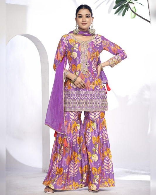Purple Chinon Silk Sharara Suit With Kameez & Dupatta For Indian & Pakistani Wedding Festival - Digital Print - Handmade Stone & Mirror Sequence Embroidery Work