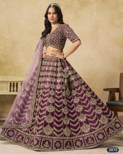 Woman wearing a purple embroidered traditional outfit with a beige background