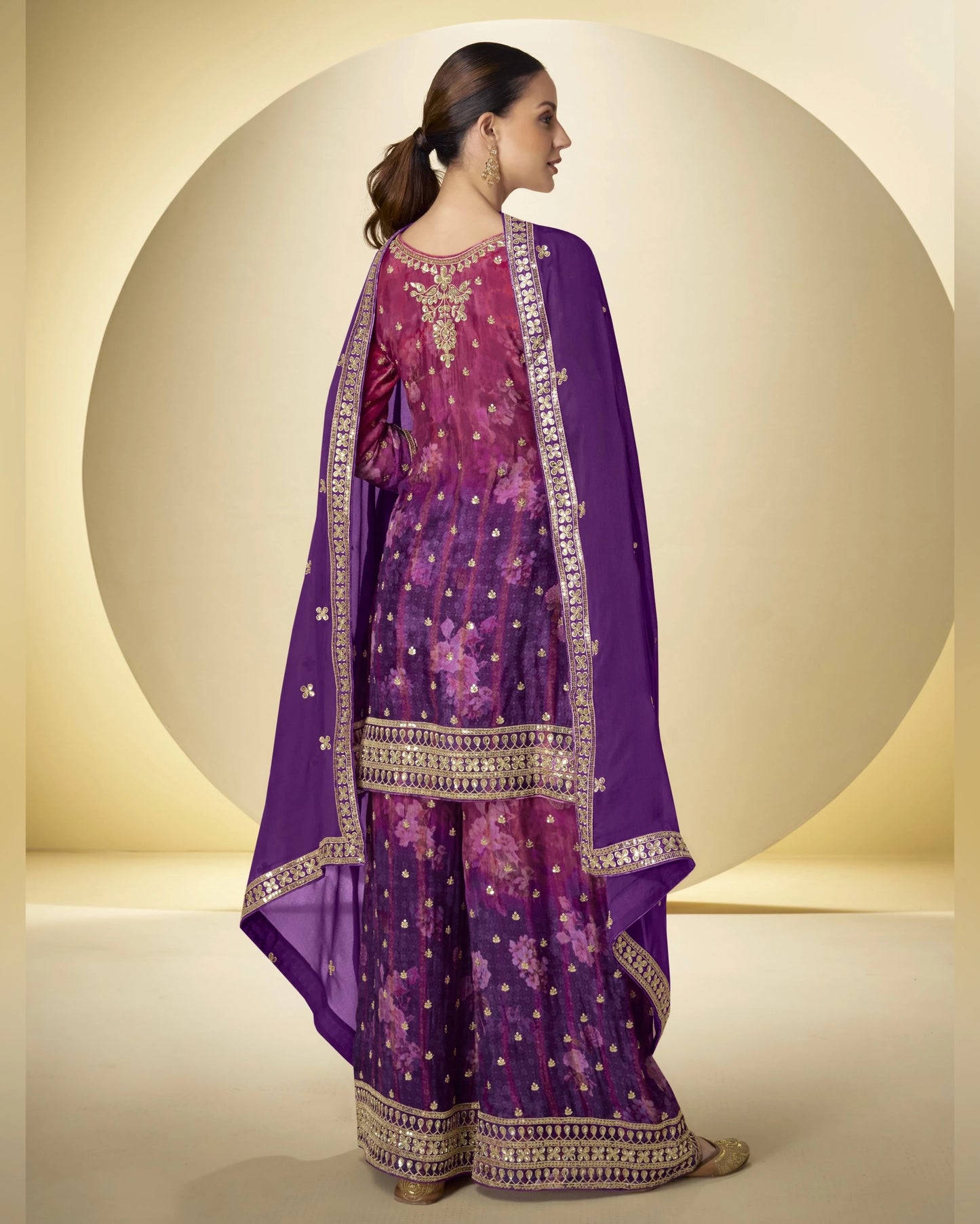 Purple Chinon Silk Top With Plazo Suit For Indian & Pakistani Wedding Festival - Thread & Sequence Embroidery