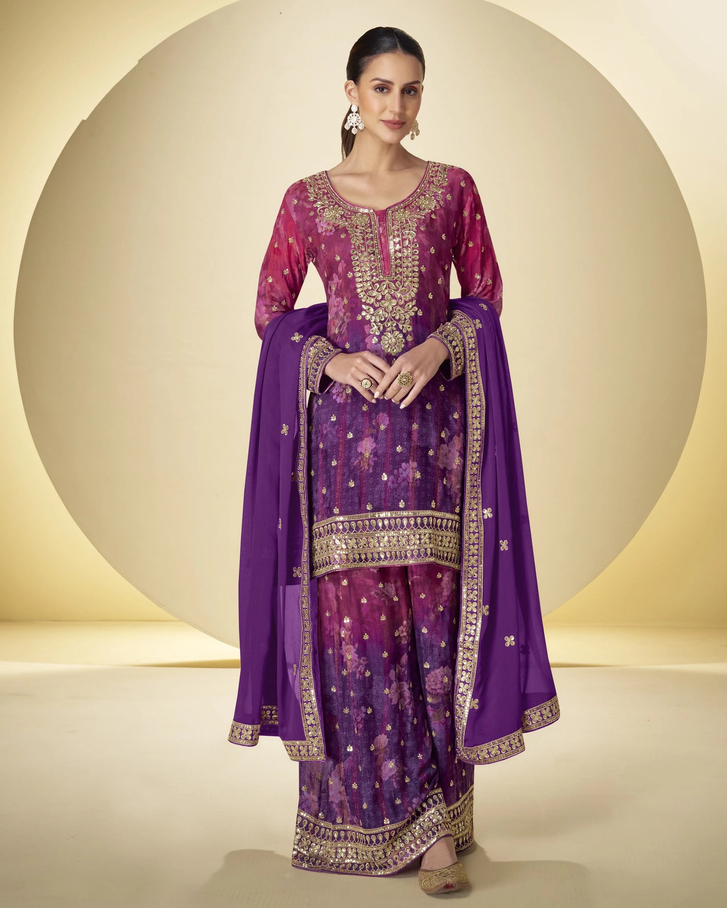 Purple Chinon Silk Top With Plazo Suit For Indian & Pakistani Wedding Festival - Thread & Sequence Embroidery
