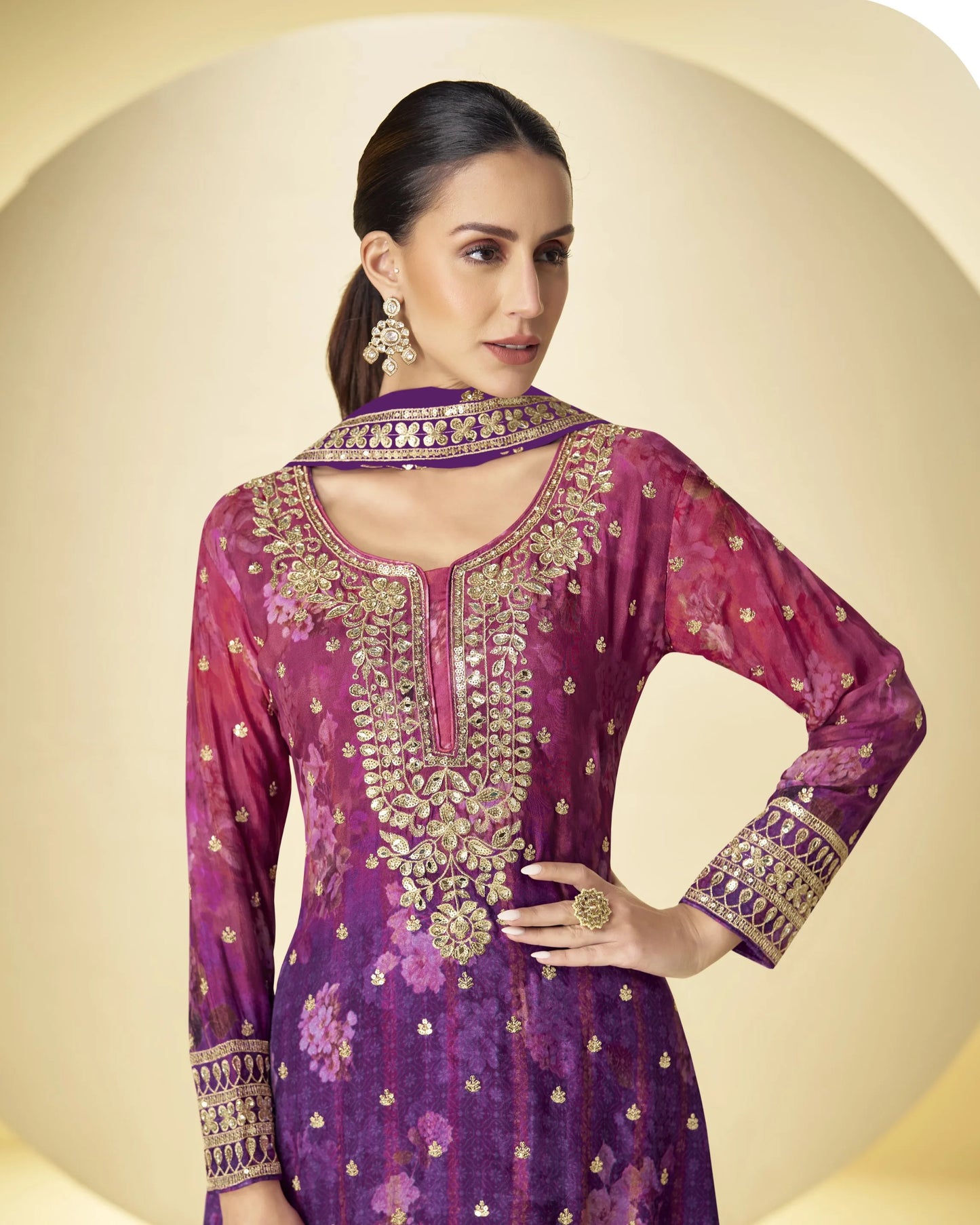 Purple Chinon Silk Top With Plazo Suit For Indian & Pakistani Wedding Festival - Thread & Sequence Embroidery