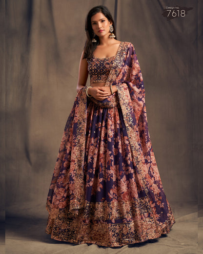 Woman wearing a floral patterned dress against a gray background