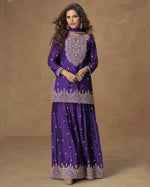 Purple Chinon Silk Plazo With Top & Dupatta For Indian & Pakistani Wedding Festival - Dori Thread Work