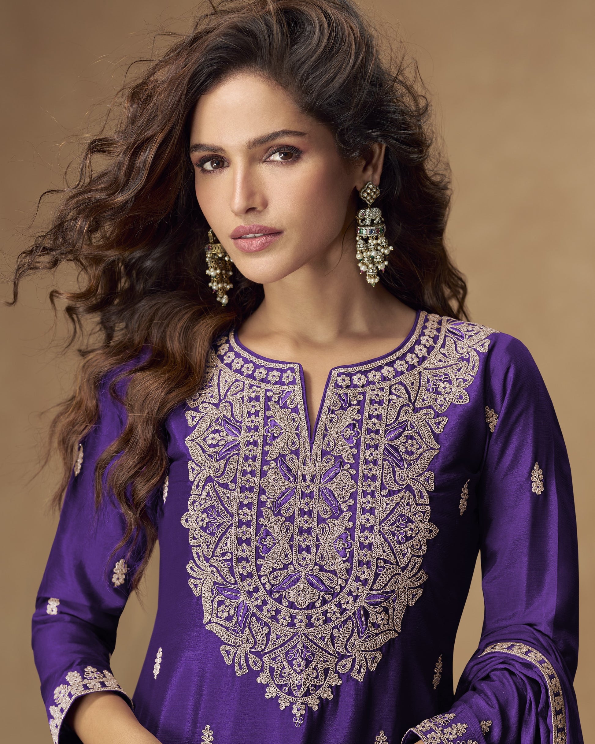 Woman wearing a purple embroidered outfit with gold jewelry against a brown background