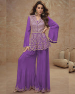 Purple Chinon Silk Plazo With Top For Indian & Pakistani Wedding Festival - Mirror Dori Thread Sequence Work