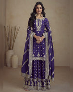 Purple Chinon Silk Plazo With Top & Dupatta For Indian & Pakistani Wedding Festival - Dori Thread & Sequence Work