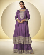 Purple Chinon Silk Plazo With Kameez & Dupatta For Indian & Pakistani Wedding Festival - Thread & Sequence Embroidery Work