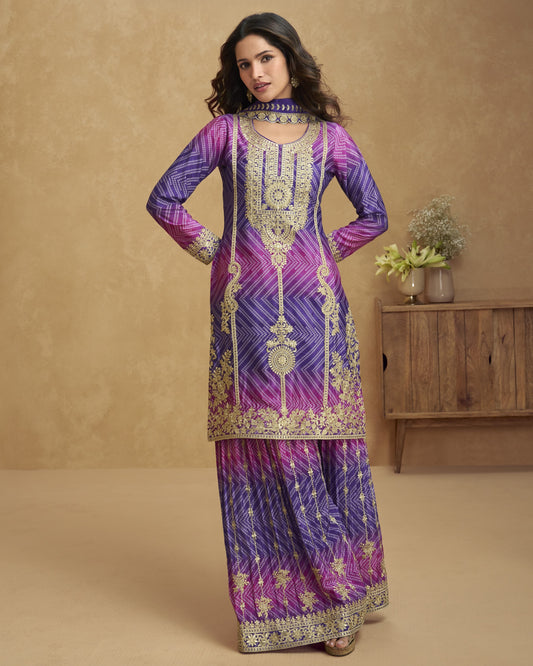 Woman wearing a purple and gold embroidered traditional outfit on a beige background