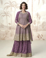 Purple Georgette Plazo Suit For Indian & Pakistani Wedding Festival - Thread & Sequence Embroidery