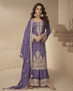 Purple Chinon Silk Top With Plazo And Dupatta For Indian & Pakistani Wedding occasion - Thread & Sequence Embroidery