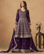 Purple Georgette Plazo With Kameez & Dupatta For Indian & Pakistani Wedding Festival - Thread Sequence Work