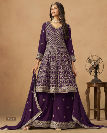 Woman wearing a purple and gold traditional outfit with jewelry on a beige background