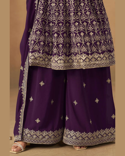 Purple Georgette Plazo With Kameez & Dupatta For Indian & Pakistani Wedding Festival - Thread Sequence Work