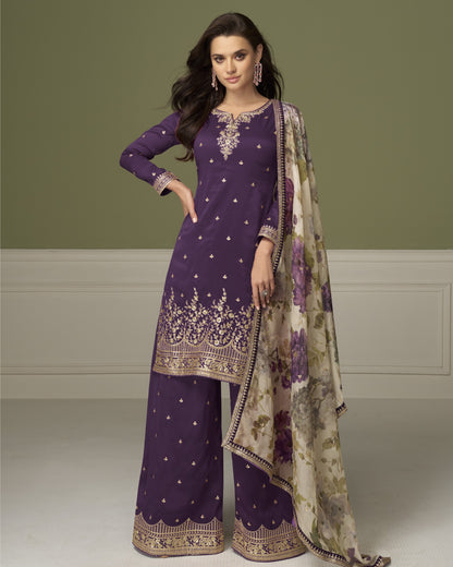 Woman wearing a traditional purple outfit with embroidery and a matching dupatta on a neutral background