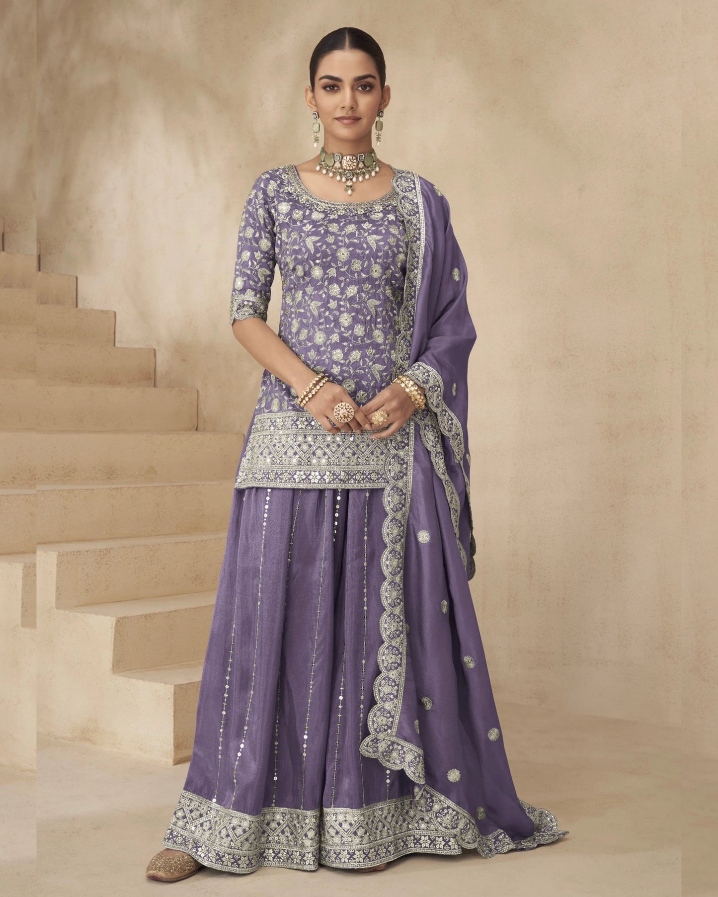 Purple Shimmer Silk Plazo Suit For Indian & Pakistani Wedding occasion - Thread & Sequence Embroidery