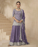 Purple Shimmer Silk Plazo Suit For Indian & Pakistani Wedding occasion - Thread & Sequence Embroidery