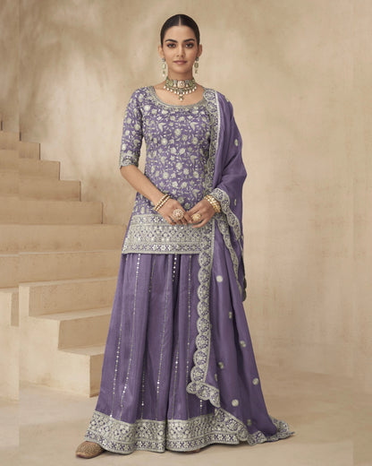 Purple Shimmer Silk Plazo Suit For Indian & Pakistani Wedding occasion - Thread & Sequence Embroidery