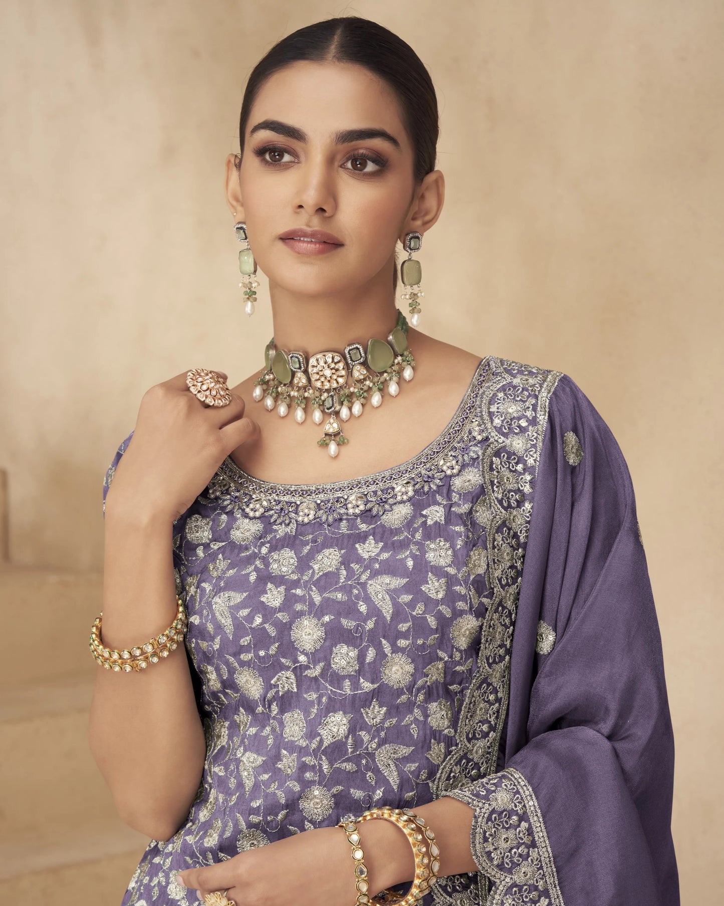 Purple Shimmer Silk Plazo Suit For Indian & Pakistani Wedding occasion - Thread & Sequence Embroidery