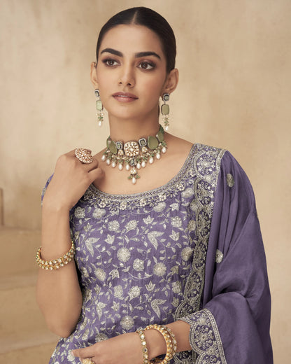 Purple Shimmer Silk Plazo Suit For Indian & Pakistani Wedding occasion - Thread & Sequence Embroidery