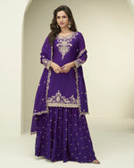 Purple Chinon Silk Plazo Suit With Dupatta For Indian & Pakistani Wedding occasion - Thread & Sequence Embroidery