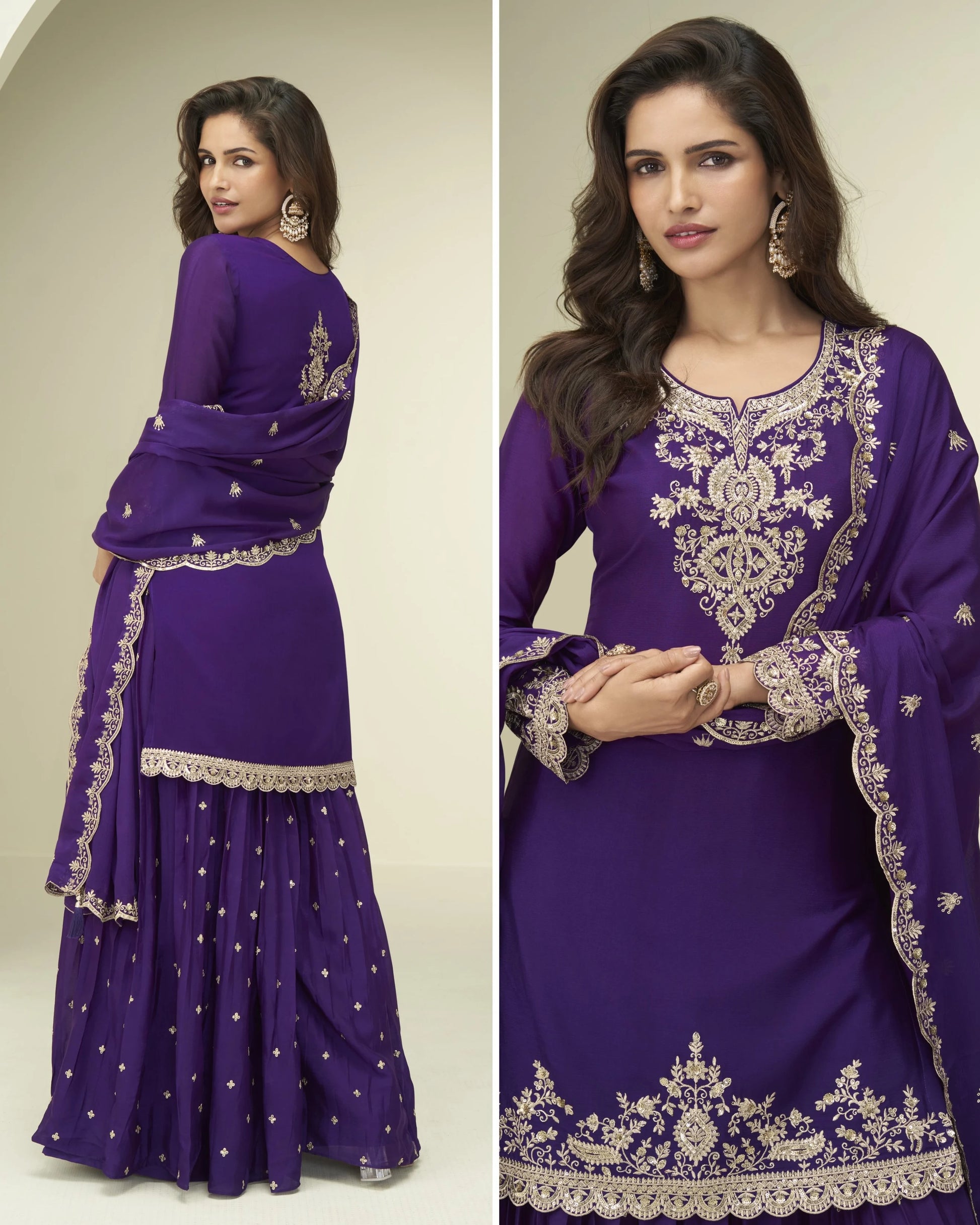Purple embroidered traditional outfit with matching dupatta on a plain background