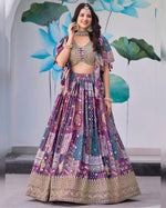 Purple Chinnon Silk Lehenga With Blouse & Dupatta For Indian & Pakistani Wedding Festival - Digital Print with Zari Dori Embroidery work