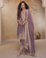 Purple Simar Silk Kameez With Salwar Suit For Indian & Pakistani Wedding Festival - Dori Thread Sequence Work