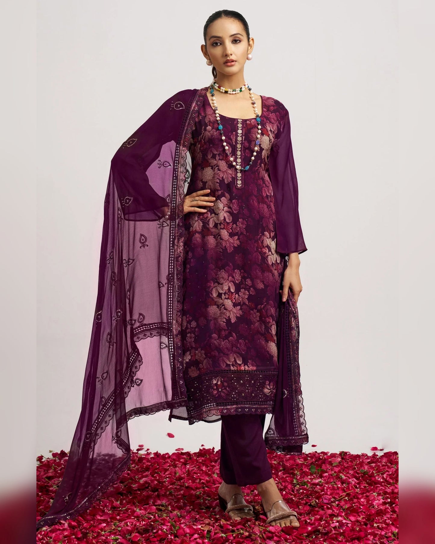 Purple Organza Kameez With Salwar Suit For Indian & Pakistani Wedding Festival - Thread & Sequence Embroidery and Prints