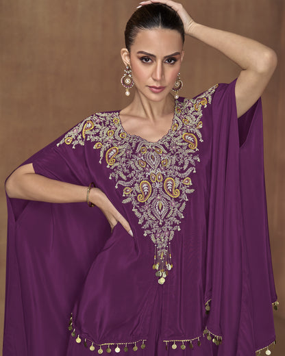 Light Purple Silk Plazo With Kaftan For Indian & Pakistani Wedding Festival - Tassels - Dori With Thread & Sequence Work