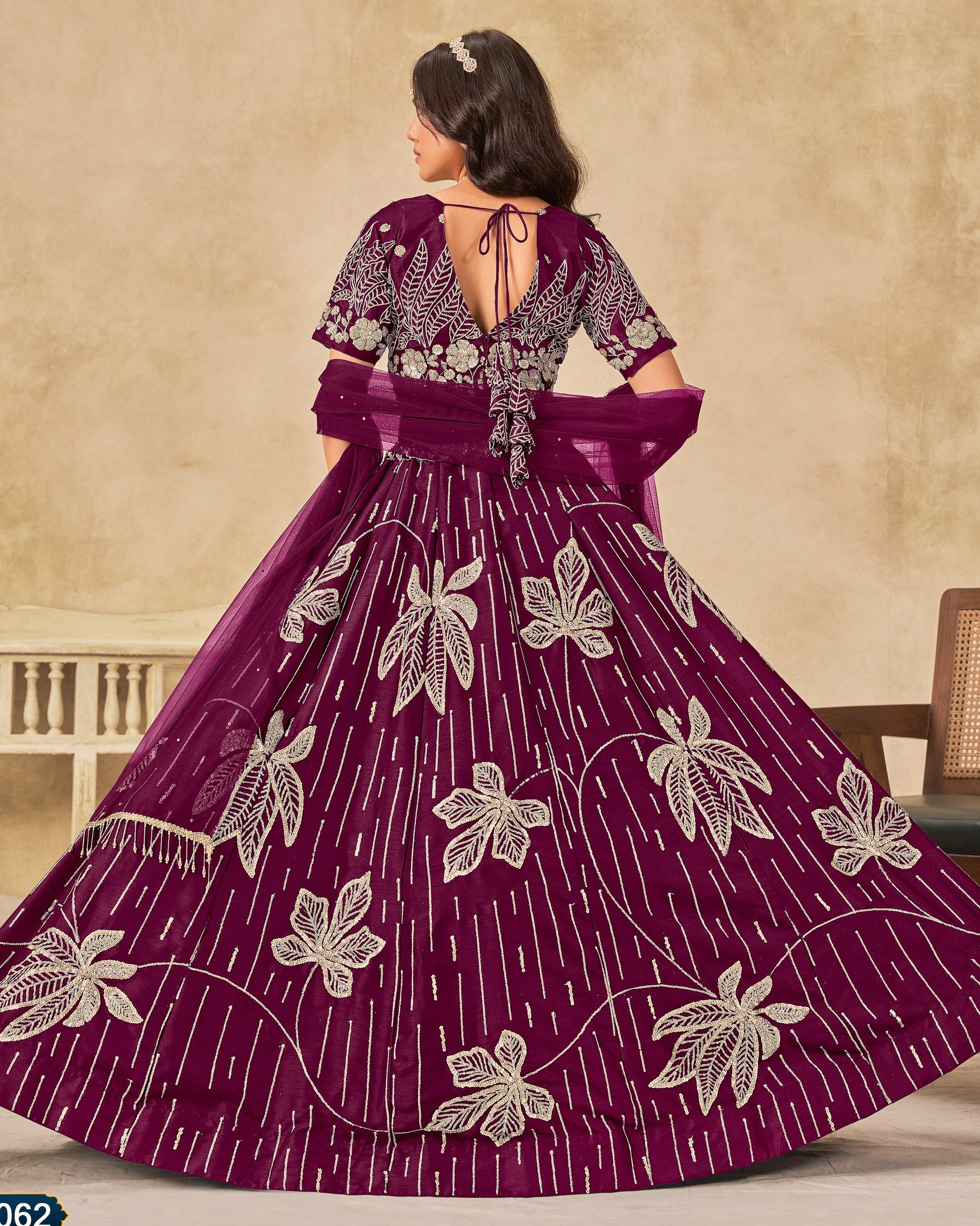 Purple floral dress with a beige background