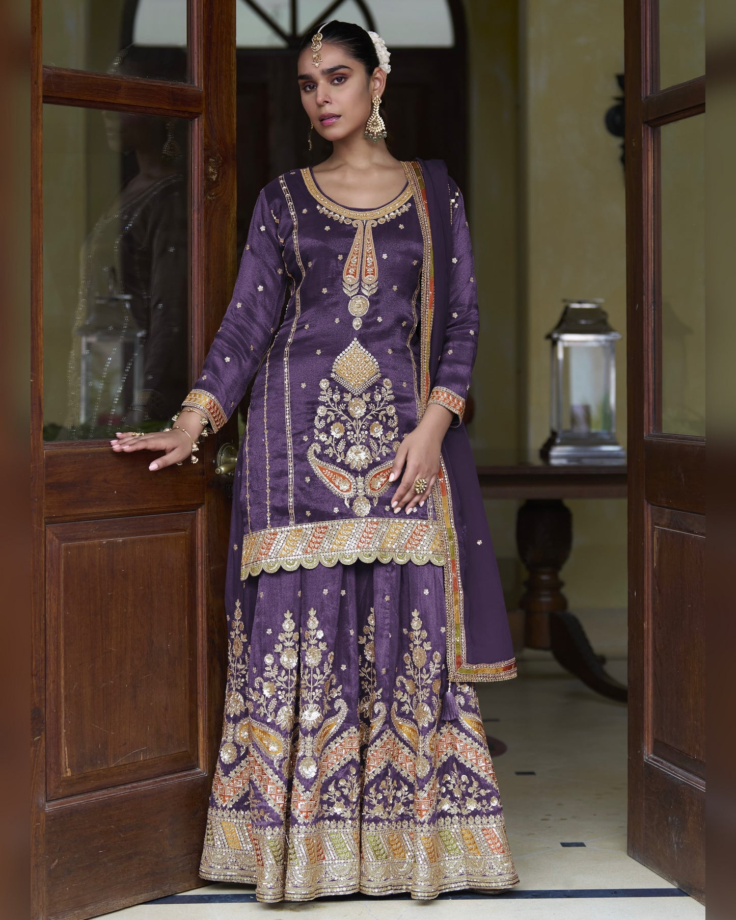 Purple Simer Silk Plazo Suit With Kameez & Dupatta For Indian & Pakistani Wedding Festival -Thread Sequence Work