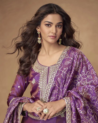 Woman wearing a purple traditional outfit with intricate designs on a brown background