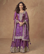 Purple Shimmer Silk Plazo Suit For Indian & Pakistani Wedding Festival - Thread & Sequence Embroidery