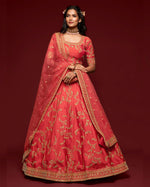 Red Art Silk Blouse With Lehenga For Indian & Pakistani Wedding Festival - Thread, Zari, Dori and Sequins Embroidery Work
